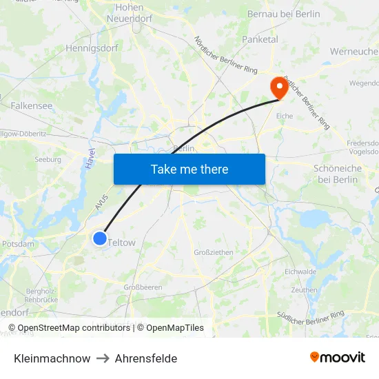 Kleinmachnow to Ahrensfelde map