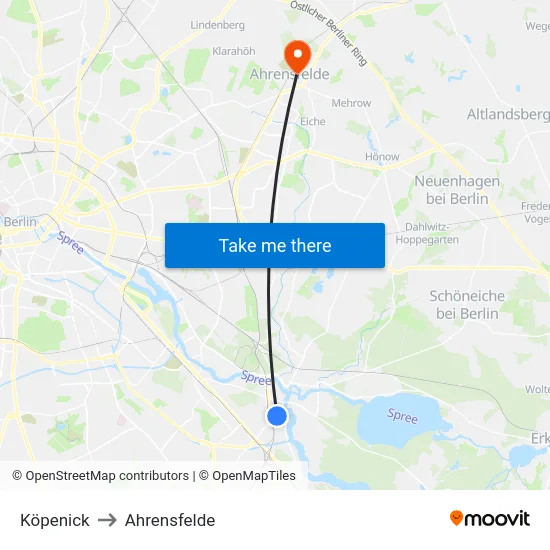 Köpenick to Ahrensfelde map