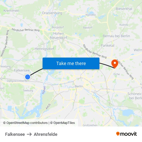 Falkensee to Ahrensfelde map