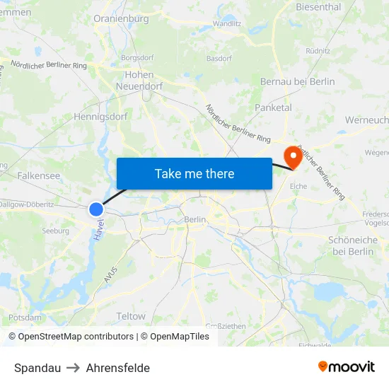 Spandau to Ahrensfelde map