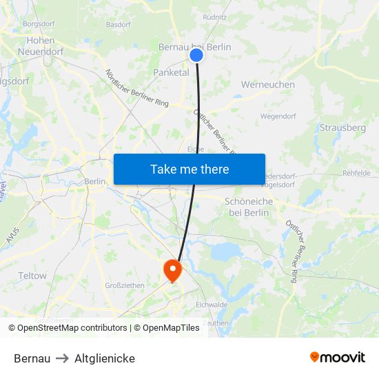 Bernau to Altglienicke map