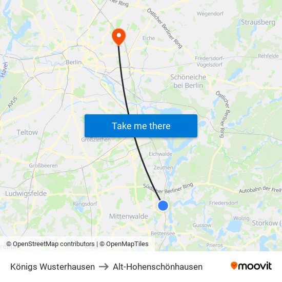 Königs Wusterhausen to Alt-Hohenschönhausen map