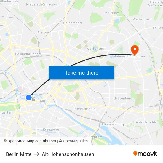 Berlin Mitte to Alt-Hohenschönhausen map