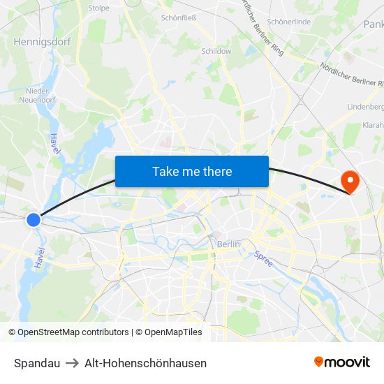 Spandau to Alt-Hohenschönhausen map