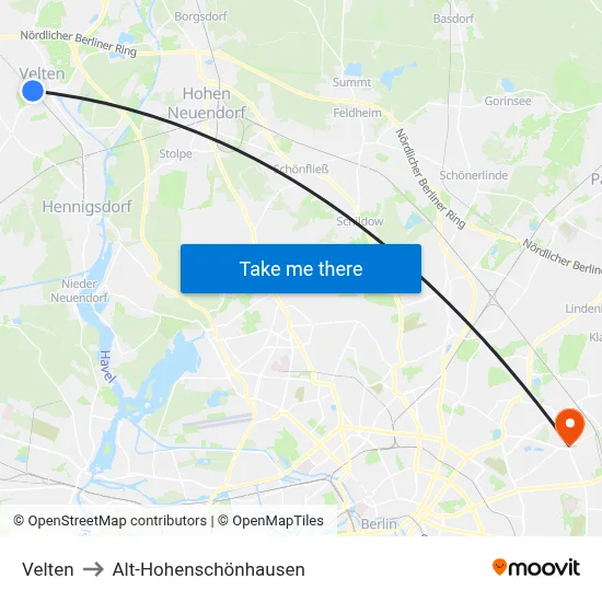 Velten to Alt-Hohenschönhausen map