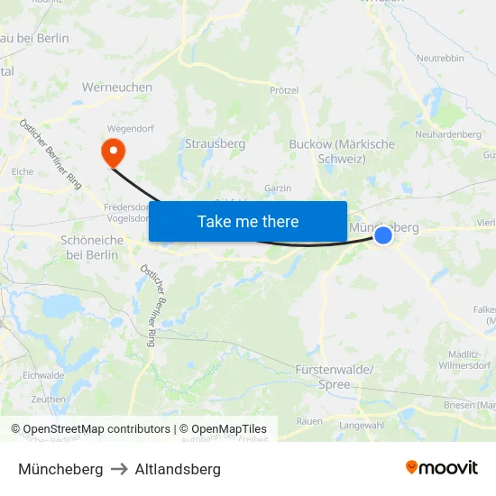 Müncheberg to Altlandsberg map