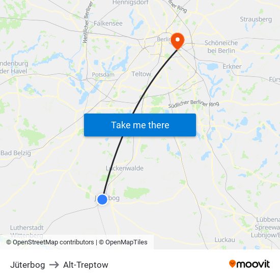 Jüterbog to Alt-Treptow map