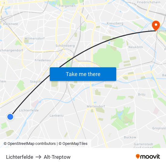 Lichterfelde to Alt-Treptow map