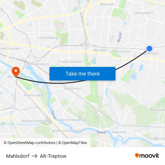 Mahlsdorf to Alt-Treptow map