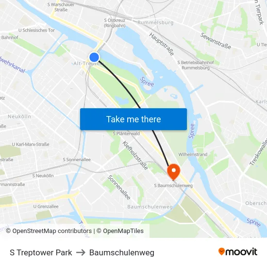 S Treptower Park to Baumschulenweg map