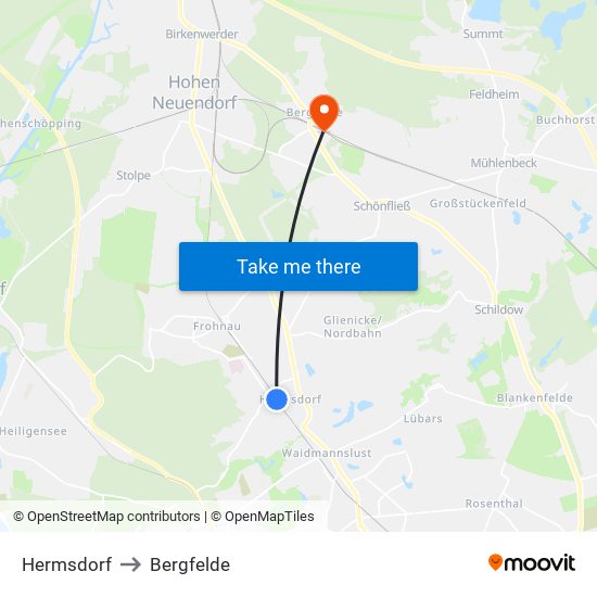 Hermsdorf to Bergfelde map