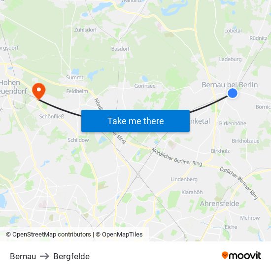 Bernau to Bergfelde map