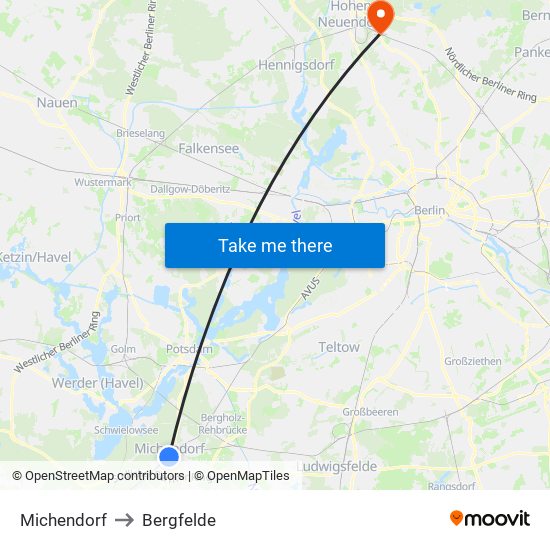 Michendorf to Bergfelde map