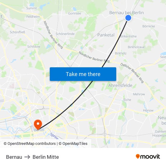 Bernau to Berlin Mitte map