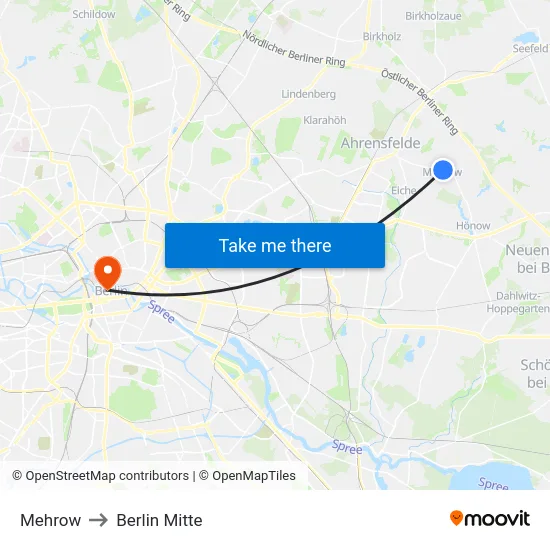 Mehrow to Berlin Mitte map