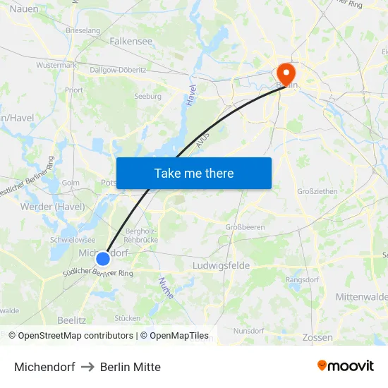 Michendorf to Berlin Mitte map