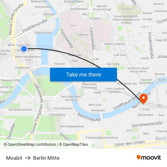 Moabit to Berlin Mitte map