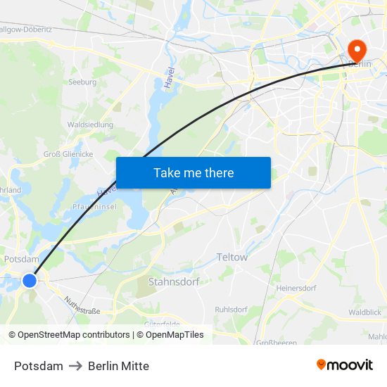 Potsdam to Berlin Mitte map