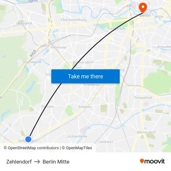 Zehlendorf to Berlin Mitte map