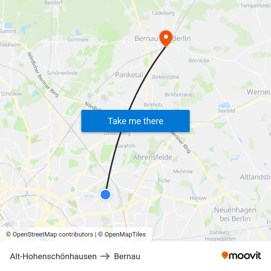 Alt-Hohenschönhausen to Bernau map