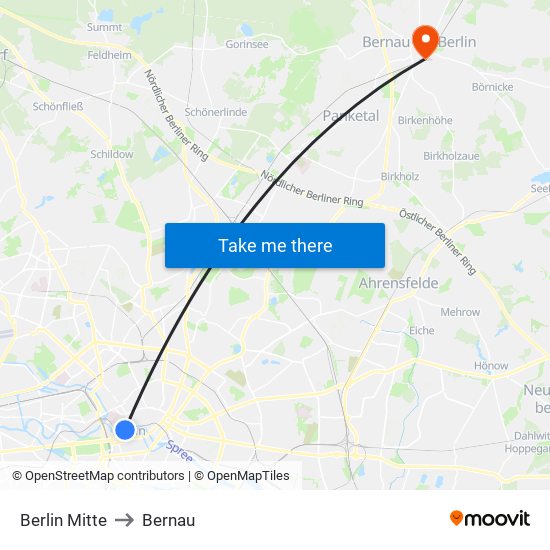Berlin Mitte to Bernau map