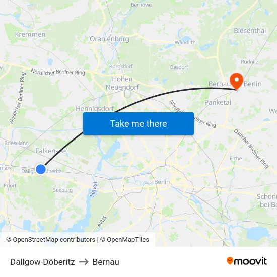 Dallgow-Döberitz to Bernau map