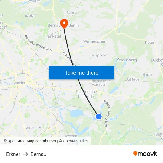 Erkner to Bernau map