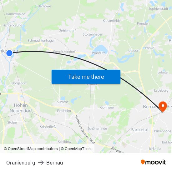 Oranienburg to Bernau map