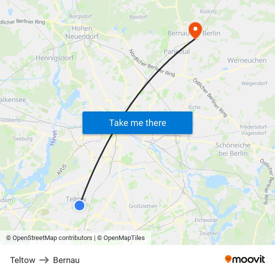 Teltow to Bernau map