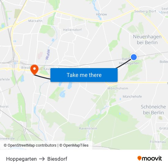 Hoppegarten to Biesdorf map