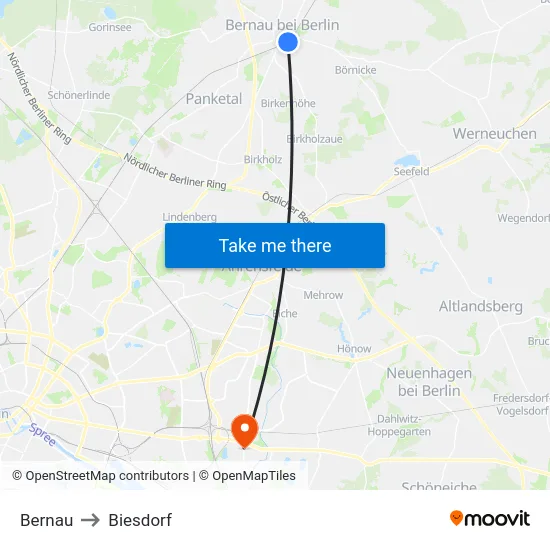 Bernau to Biesdorf map