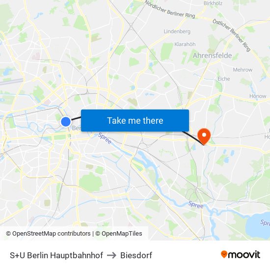 S+U Berlin Hauptbahnhof to Biesdorf map