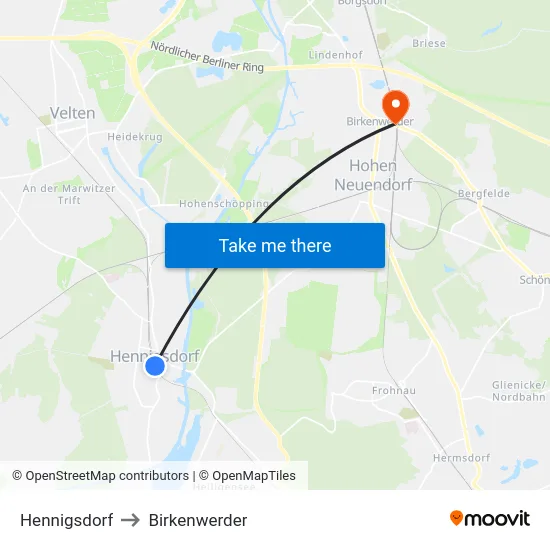 Hennigsdorf to Birkenwerder map