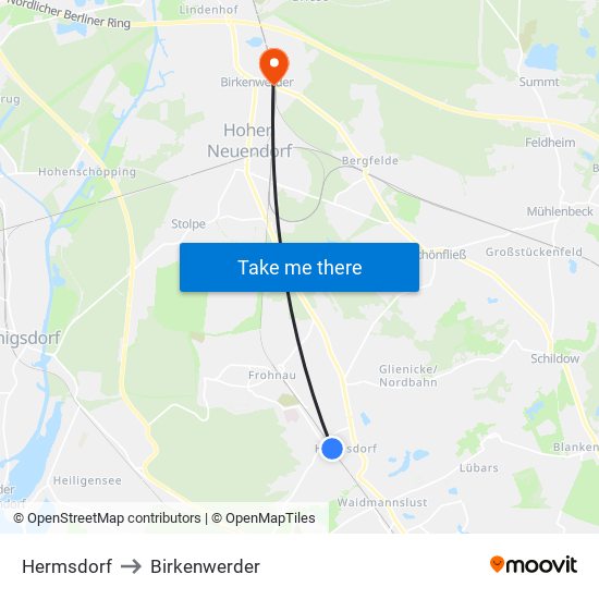 Hermsdorf to Birkenwerder map