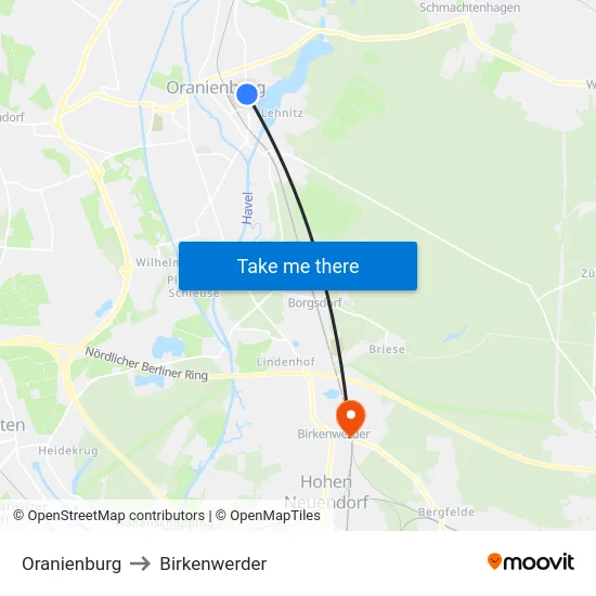 Oranienburg to Birkenwerder map