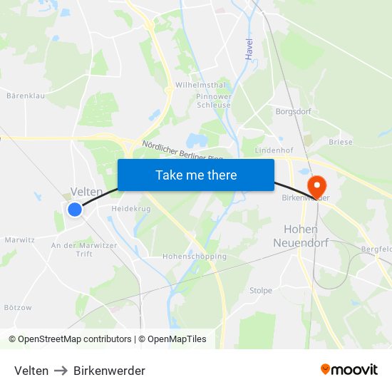 Velten to Birkenwerder map