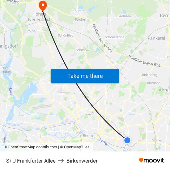 S+U Frankfurter Allee to Birkenwerder map