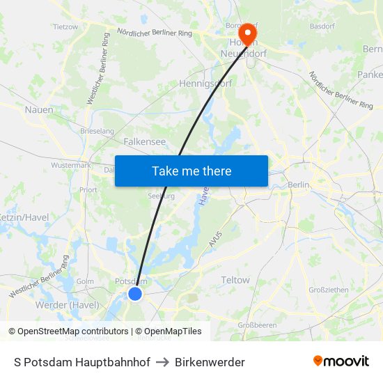 S Potsdam Hauptbahnhof to Birkenwerder map