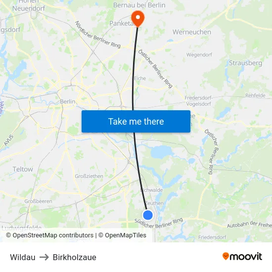 Wildau to Birkholzaue map
