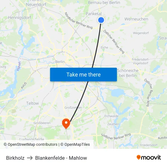 Birkholz to Blankenfelde - Mahlow map