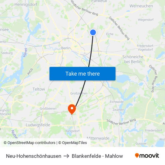 Neu-Hohenschönhausen to Blankenfelde - Mahlow map