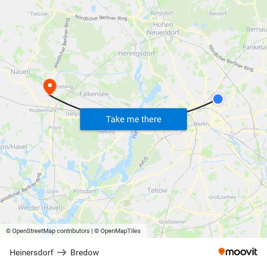 Heinersdorf to Bredow map