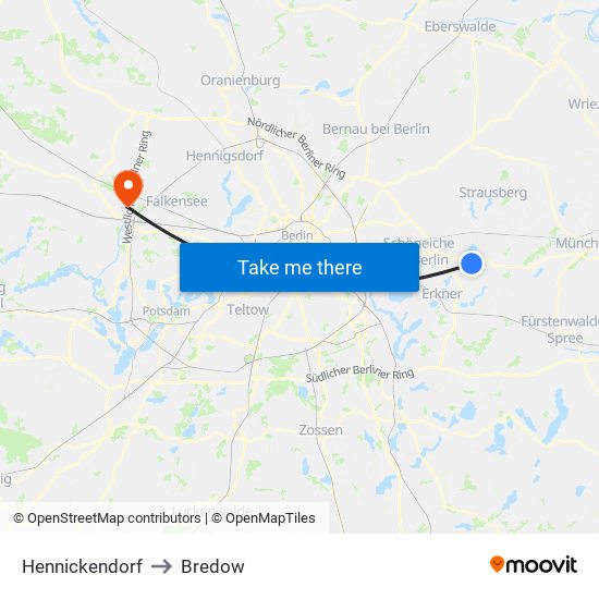 Hennickendorf to Bredow map