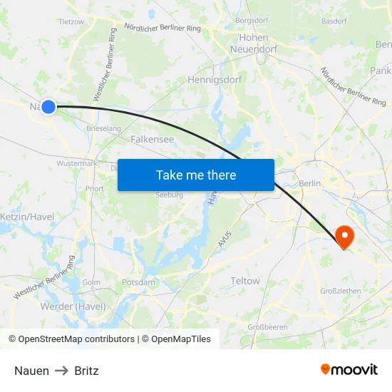 Nauen to Britz map