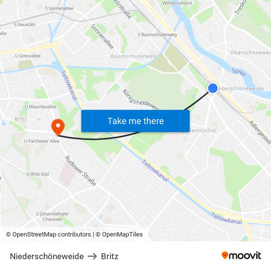 Niederschöneweide to Britz map
