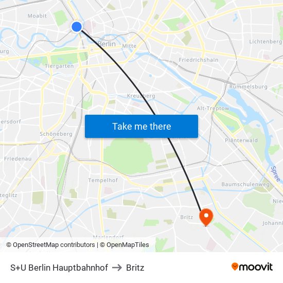 S+U Berlin Hauptbahnhof to Britz map