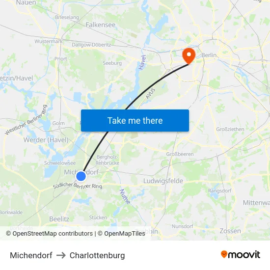 Michendorf to Charlottenburg map