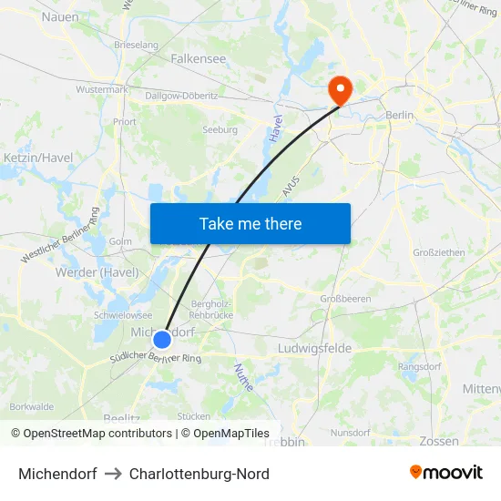 Michendorf to Charlottenburg-Nord map