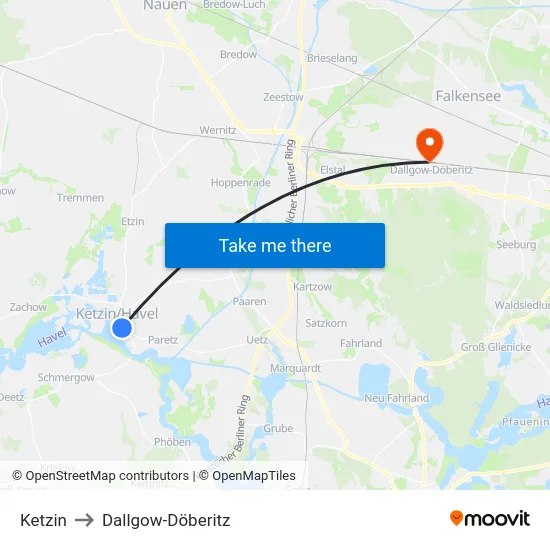 Ketzin to Dallgow-Döberitz map