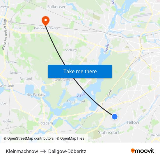 Kleinmachnow to Dallgow-Döberitz map